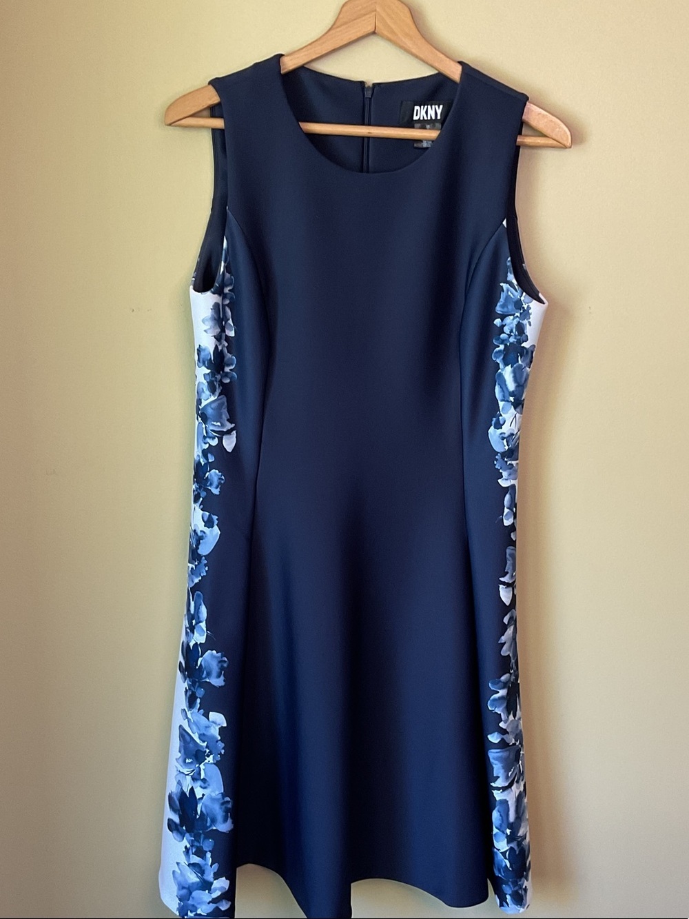 DKNY Navy Fit and Flare Scuba Crepe Dress with Floral Side Panels Size 10